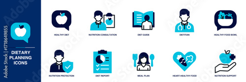 Nutrition Counseling Blue Colored Outline Icon Set