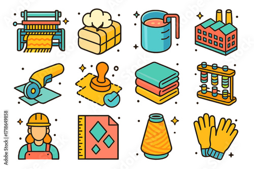 Textile Manufacturing Icons. Colorful isometric vector icons set of textile manufacturing: weaving machine, cotton bale, dye vat,