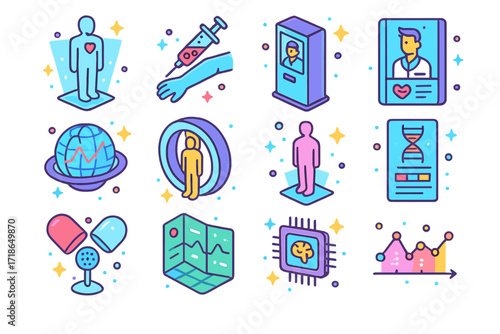 Future AI Health Icons. Colorful isometric vector icons set of future AI diagnostic technologies: holographic health scan, nanobot