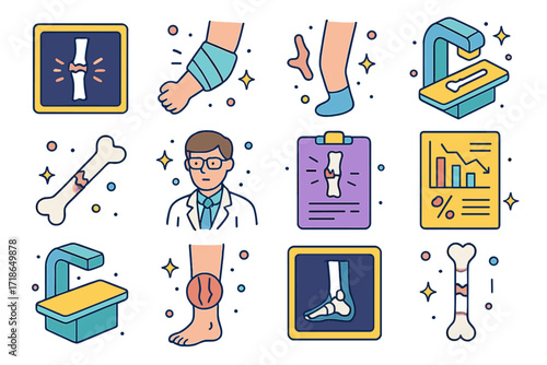 Fracture Diagnostics Icons. Colorful isometric vector icons set of bone fracture diagnostics: X-ray image, broken arm, broken leg,