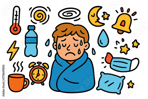 Withdrawal Symbols Doodle. Colorful Hand-drawn doodle Children illustration substance withdrawal sweating face, thermometer, dizzy