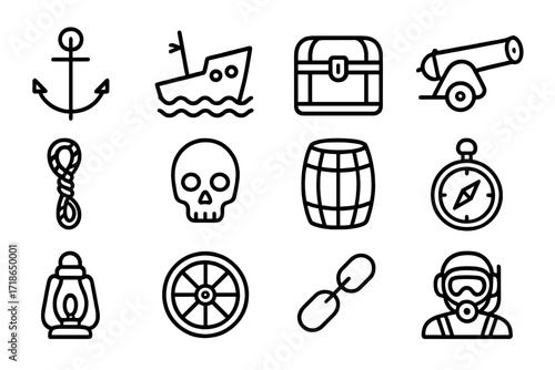 Shipwreck Diving Icons. Shipwreck diving. Line icon set of shipwreck diving: anchor, shipwreck, treasure chest, cannon, rope, skull, barrel, compass, lantern,