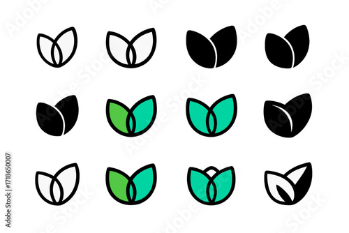 Harmony Logo Variations. Set Logo of Harmony: Two merging leaves. Logo set in vector style, emblematic variations. line, bold thick line, solid black filled,