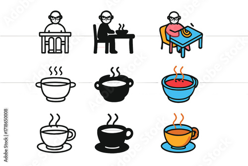 Elderly Meal Icon Set. Icon Set of Elderly meals: dining table with elder, soup bowl, tea cup. Icons set in vector style, emblematic variations. Dining table