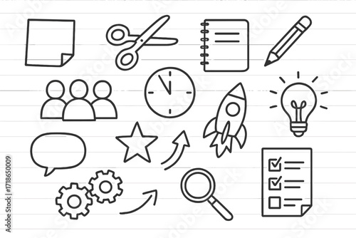 Creative Workshop Icons. Hand-drawn doodle illustration creative workshop icons sticky notes, scissors, notebook, pencil, group of people, clock, light bulb,