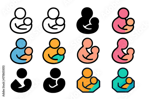 Parents' Joy Logos. Set Logo of Parents? Joy: Parent holding baby. Logo set in vector style, emblematic variations. line, bold thick line, solid black filled,