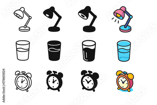 Evening Ritual Icons. Icon Set of Evening Rituals: Reading lamp, Glass of water, Alarm clock. Icons set in vector style, emblematic variations. Reading lamp
