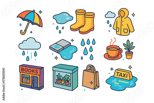 Rainy Day Icons. Colorful isometric vector icons set of Rainy Day in the City: umbrella, puddle, rain boots, raincoat, cloudy sky,