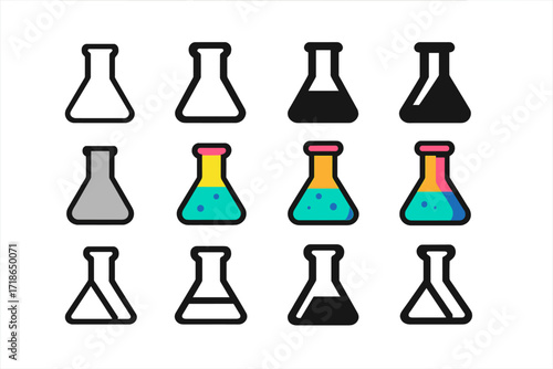 Colorful Outfit Icons. A model wearing a bold and colorful outfit at an outdoor eventSet Logo of Flasks: Classic laboratory Erlenmeyer flask. Logo set in