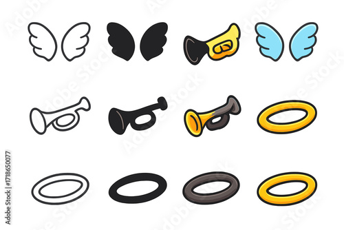 Angelic Symbols Icons. Icon Set of Angelic Symbols: Angel wings, Trumpet, Halo. Icons set in vector style, emblematic variations. Angel wings line, Angel wings