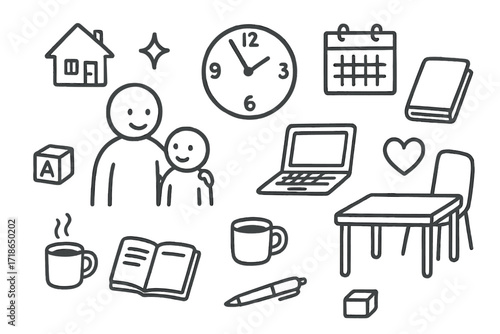 Parenting Productivity Doodle. Hand-drawn doodle illustration Parenting and productivity [parent figure, child figure, clock, calendar, laptop, notebook, pen,