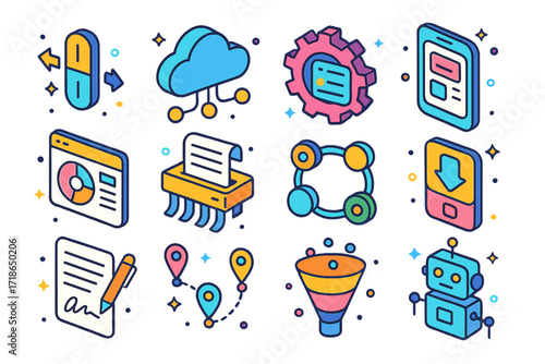 Digital Transformation Icons. Colorful isometric vector icons set of Digital transformation: analog to digital switch, cloud
