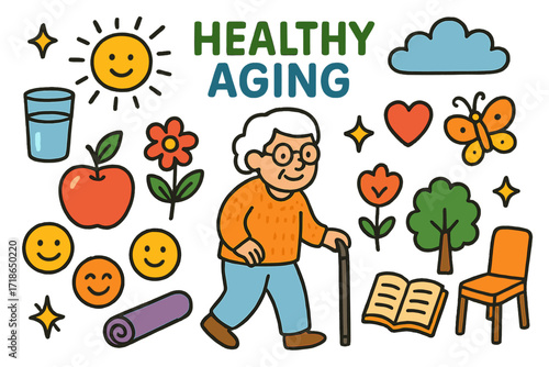 Joyful Healthy Aging. Colorful Hand-drawn doodle Children illustration Healthy Aging elderly person walking, apple, water glass,