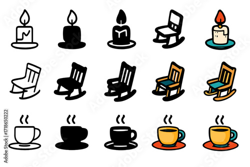 Evening Comfort Icons. Icon Set of Evening Cider: Candle, Rocking chair, Cup on tray. Icons set in vector style, emblematic