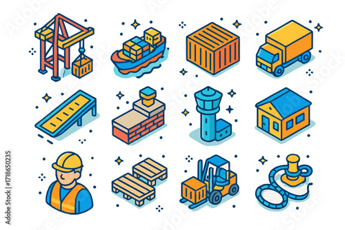 Port Infrastructure Icons. Colorful isometric vector icons set of port infrastructure: container crane, cargo ship, shipping