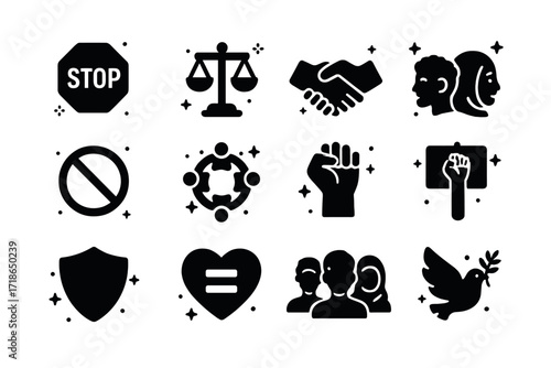 Diverse Unity Icons. Anti-Discrimination. Solid icons set of stop sign, equality scale, handshake, diverse faces, no hate symbol,