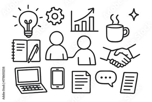Innovation Mentoring Doodle. Hand-drawn doodle illustration Innovation mentoring session [light bulb, gear, chart, arrow, notebook, pen, laptop, two figures,