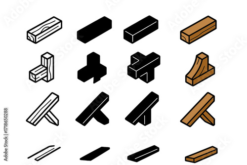 Exposed Beams Icon Set. Icon Set of Exposed Beams Interiors: Wooden ceiling beam, Cross beam joint, Slanted roof beam. Icons set in vector style, emblematic