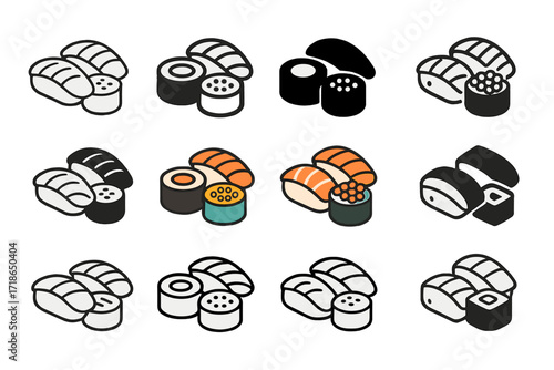 Sushi Logo Collection. Set Logo of Sushi Collection: Trio of sushi types. Logo set in vector style, emblematic variations. line, bold thick line, solid black