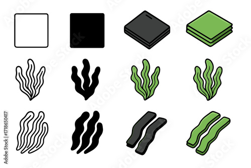 Edible Seaweed Icons. Icon Set of Edible Seaweed: Nori sheet, Wakame fronds, Kombu strips. Icons set in vector style, emblematic