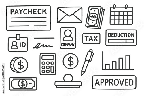 Payroll Doodle Icons. Hand-drawn doodle illustration paycheck and earnings payslip, paper envelope, money stack, calendar, signature line, employee ID, company