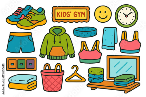 Children's Gym Attire. Colorful Hand-drawn doodle Children illustration Kids Gym Clothing Setup colorful sneakers, hoodie, shorts,