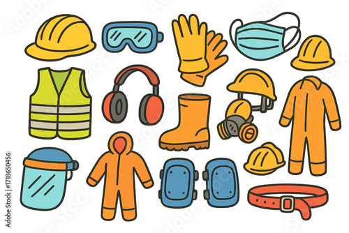 Colorful PPE Doodles. Basic PPE. Colorful Hand-drawn doodle Children illustration safety helmet, goggles, gloves, face mask, safety vest, ear muffs, boots,