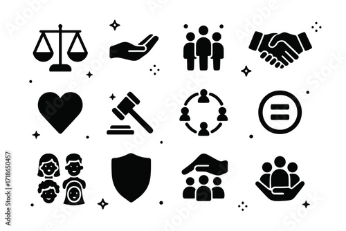 Fairness Icons Grid. Fairness. Solid icons set of balanced scale, open hand, group of people, handshake, heart, justice hammer, inclusive circle, equality