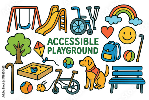 Inclusive Playground Doodle. Colorful Hand-drawn doodle Children illustration Accessible playground [swing, slide, wheelchair,