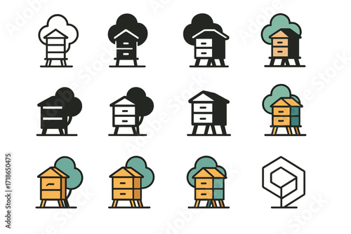 Urban Beehive Logos. Set Logo of Urban Green Spaces: Urban Beehive Installation. Logo set in vector style, emblematic variations. line, bold thick line, solid