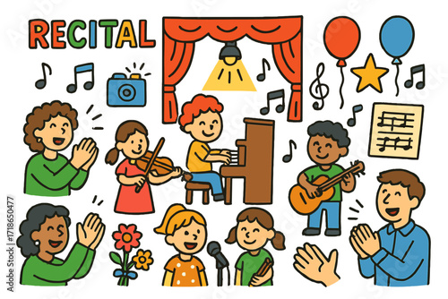 Joyous Music Recital. Colorful Hand-drawn doodle Children illustration Parents celebrating music recital piano, violin, guitar,