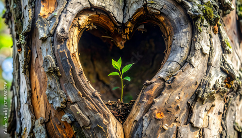 Heart Shaped Tree Hollow with Young Green Seedling