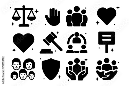 Fairness Icon Collection. Fairness. Solid icons set of balanced scale, open hand, group of people, handshake, heart, justice hammer, inclusive circle, equality