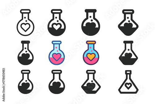 Flask Love Logos. Set Logo of Flasks: Flask with heart symbol (love potion). Logo set in vector style, emblematic variations. line, bold thick line, solid