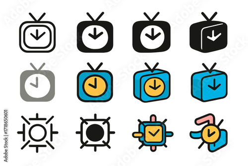 TV Scheduling Logos. Set Logo of TV Production Scheduling: Network Clock Sync. Logo set in vector style, emblematic variations. line, bold thick line, solid
