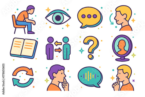 Active Listening Icons. Colorful isometric vector icons set of active listening cues: leaning forward posture, focused eye icon,