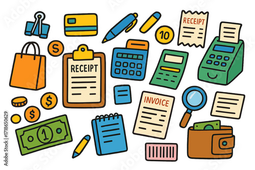 Colorful Financial Doodles. Colorful Hand-drawn doodle Children illustration Receipt holder and payment receipts paper receipts,