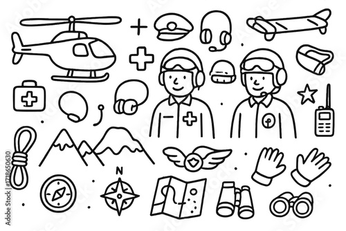 Rescue Helicopter Essentials. Hand-drawn doodle illustration Rescue helicopter pilots [helicopter, stretcher, first aid kit, cross