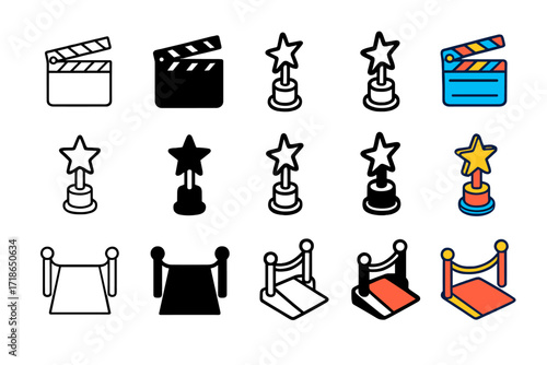 Film Festival Icons. Icon Set of Letting Go of the Past Emotional Release: Tear drop, Opened cage, Flowing river. Icons set in vector style, emblematic