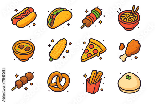 Colorful Street Food Icons. Street food. Colorful isometric vector icons set of street food: hot dog, taco, kebab skewer, spicy noodles, curry bowl, corn on