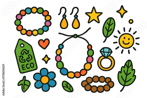 Colorful Jewelry Doodles. Jewelry. Colorful Hand-drawn doodle Children illustration Jewelry beaded bracelet, recycled necklace, earrings, ring, eco tag, wooden