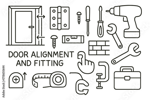 Door Alignment Tools. Hand-drawn doodle illustration Door alignment and fitting door, hinge, screwdriver, drill, screw, level, wall, door frame, adjustment