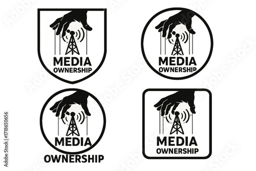 Puppet Media Logo. Set Logo of Media ownership: puppet hand over radio tower. Logo set in vector style, emblematic variations.