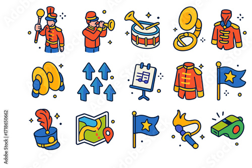 Marching Band Icons. Colorful isometric vector icons set of marching band parade: drum major, trumpet player, snare drum,