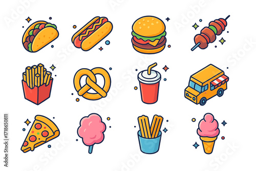 Colorful Street Food Icons. Street food. Colorful isometric vector icons set of street food: taco, hot dog, burger, kebab skewer, fries, pretzel, soda cup,
