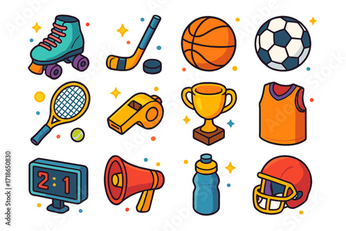 Team Sports Icons. Team Sports. Colorful isometric vector icons set of Team Sports: roller derby skates, hockey stick, basketball, soccer ball, tennis racket,