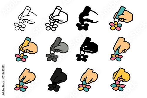 Kids Crafting Logo. Set Logo of Kids Making Tissue Paper Flowers: Child?s hand with glue stick and petals. Logo set in vector style, emblematic variations.