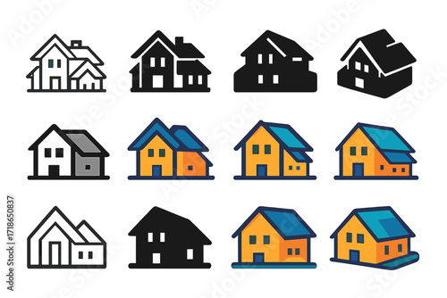 Mountain Lodge Logo. Set Logo of Mansion: Mountain lodge mansion. Logo set in vector style, emblematic variations. line, bold thick line, solid black filled,