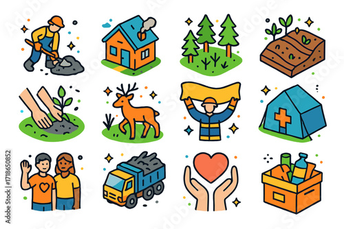 Post-Fire Recovery Icons. Colorful isometric vector icons set of post-fire recovery: ash cleanup, rebuilding home, forest regrowth