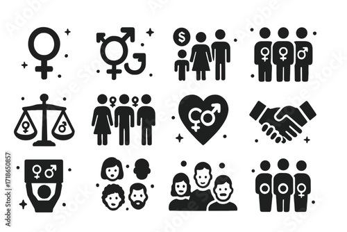 Gender Equality Icons. Gender Equality. Solid icons set of female symbol, male symbol, gender-neutral symbol, equal pay, diverse